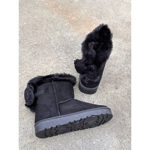 Faux Fur Vegan Black Ankle Ugg Like Bow Boots